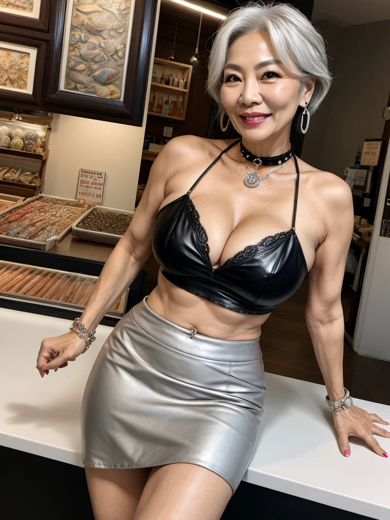 60 years old　mom　milf　Korean, Lady　large earring　Big choker　navel piercing decoration　A bracelet　Silver Hair　realisitic　Gorgeous Madame Beautiful Mature Woman　sexly　Smile　Gentle woman navel piercing　４K　High quality fish shop　Fish Market　sale      Black leather pencil skirt   