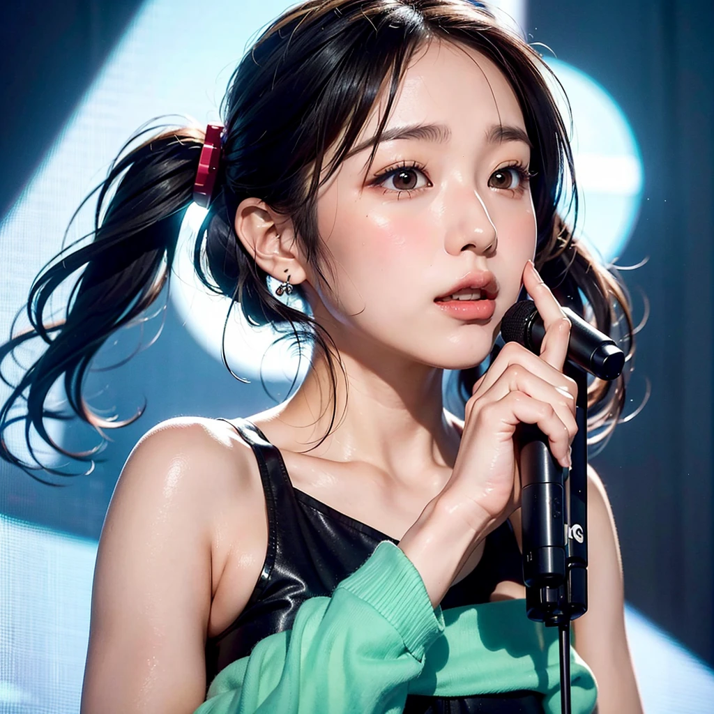 40-year-old Japanese woman、Black Hair、The hair is very short、Twin tails、Hatsune Miku's outfit、headphones、flat chest、Realistic photos、Realistic、8K quality、tall、No bangs、Live Performance Venues、Singing on a microphone、Close-up of face、Afterschool