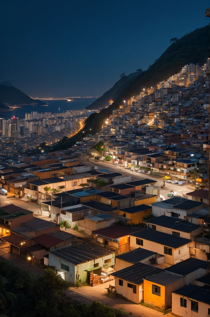 a very distant favela located in Brazil at night with orange brick shacks