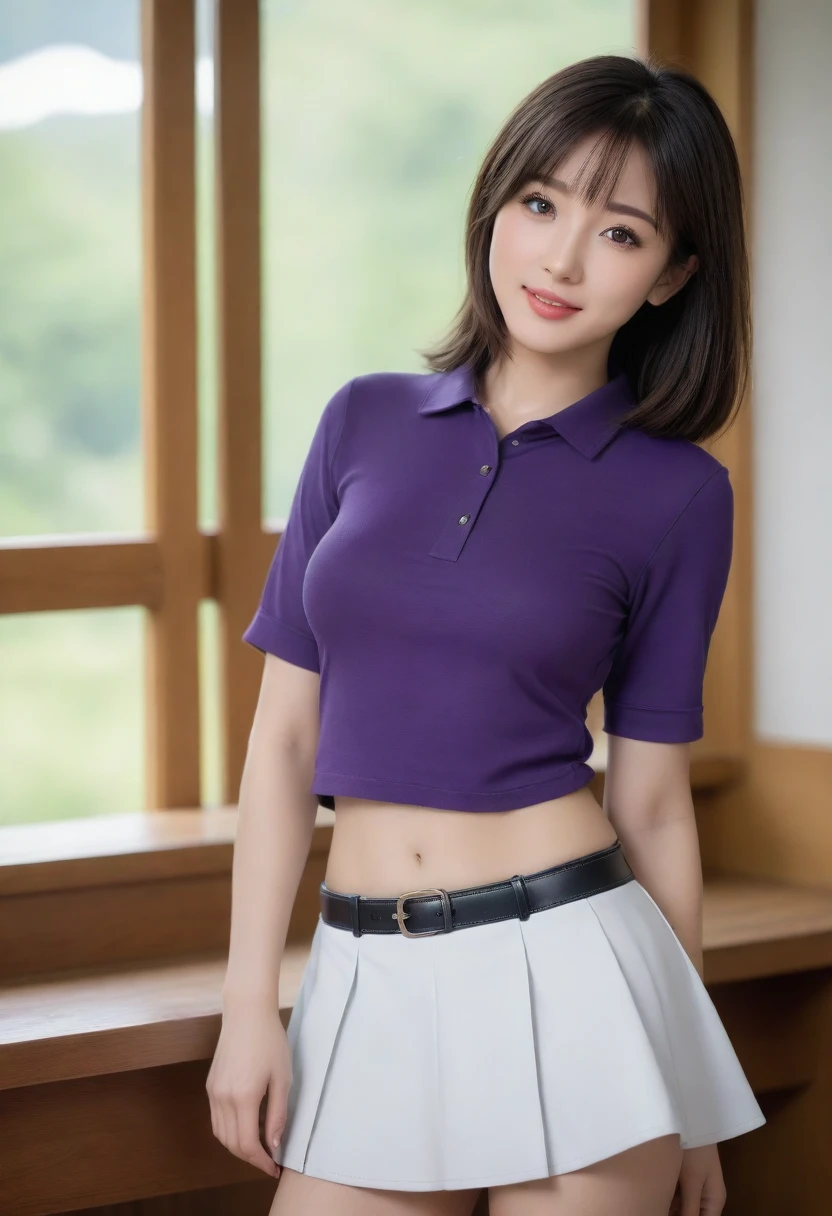 8K, Ultra-high resolution, Highest quality, masterpiece, 三分割法によるphotograph,Surreal, photograph, 1 girl, (:1.3), pretty girl, Cute Face, Beautiful eyes in every detail, 細かくdetailedに,masterpiece,, One Girl:1.2, Japan Female Announcer,whole body,(Absurd, High Fantasy Art, Best HD images, 注意深くdetailedに, 非常にdetailedな特徴と質感), Solo Character, 16 years oldいBlack Hairをしている, Purple eyes with black pupils, Flat Chest, Slim texture, Very thin lips, White skin, (Scottish short skirt, Grey Leather Shirt, silver meral belt between her Scottish short skirt and belly), Confident pose, Very serious face, Irish wooden cottage with no sense of humor、With ancient Greek and Celtic furniture, Attractive thighs, Sensual,A carefree smile,Heal the heart,Black Hair,Short Bob,Looking at the audience、beauty,Long neck、Laugh a little、Please close your mouth and laugh、(((Ideal body type))),A-cup small breasts :2,、Portraiture:2、Perfect Anatomy、鮮明なdetailed、detailed、Surreal、Light and shadow,Strong light