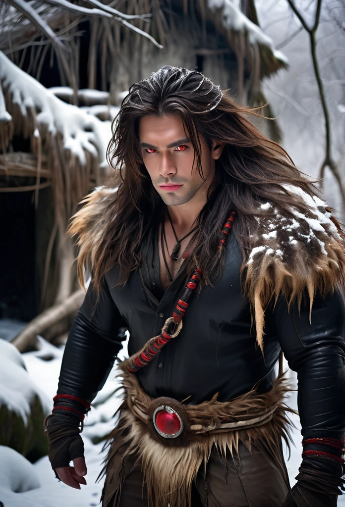 A masculine, Bulky Male, in a snowy Climate, long And Tangled hair, red eyes, Wears animal Hides only, Primal Setting, Jungle ruins Back ground, HD, Ultra Scenery, Vivid lighting.