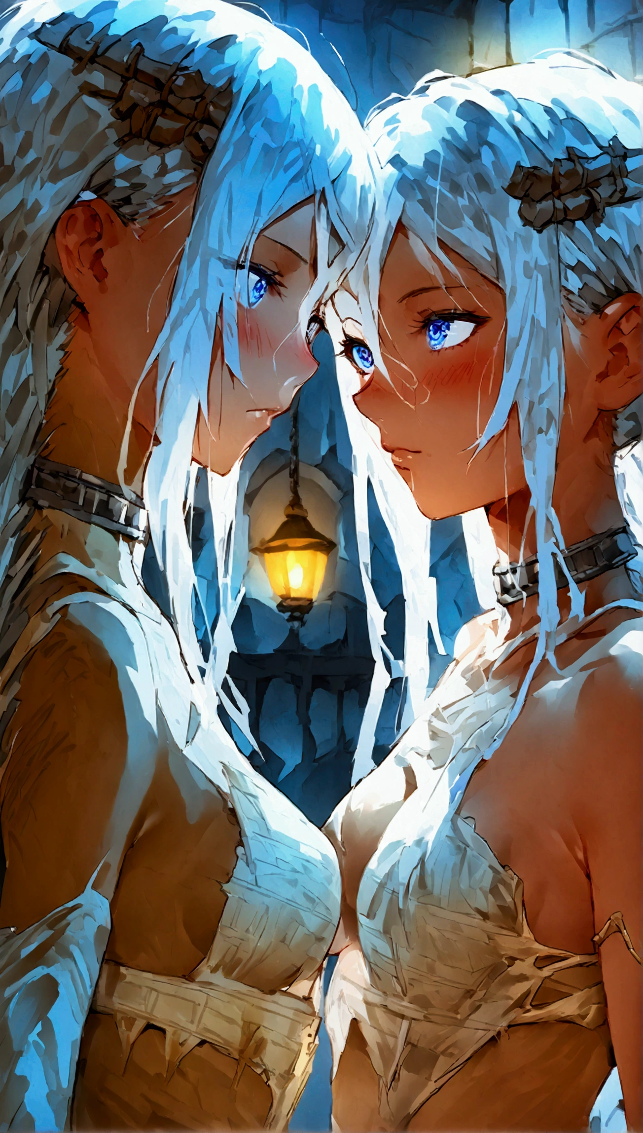 Anime. 1 girl. Two heads. Siamese twins. Slave. Dystrophic. White hair. Tangled hair. Long hair. Blue eyes. Beautiful eyes. Perfect eyes. Expressive eyes. Beautiful nose. Dystrophy. Skinny. Skin and bones. The ribs are visible through the skin. Skinny arms. Skinny legs. Medium breasts. Saggy breasts. Torn, dirty rags. Be sick. Vomits. Covering their mouths with their hands. Leaning against the wall. Standing. Slave market. Full height. Embarrassment. Blush. Whole body. Extremely detailed CG Unity 8k wallpaper. Ideal lighting. Ultra high resolution 4K. Super detailed 8K resolution.