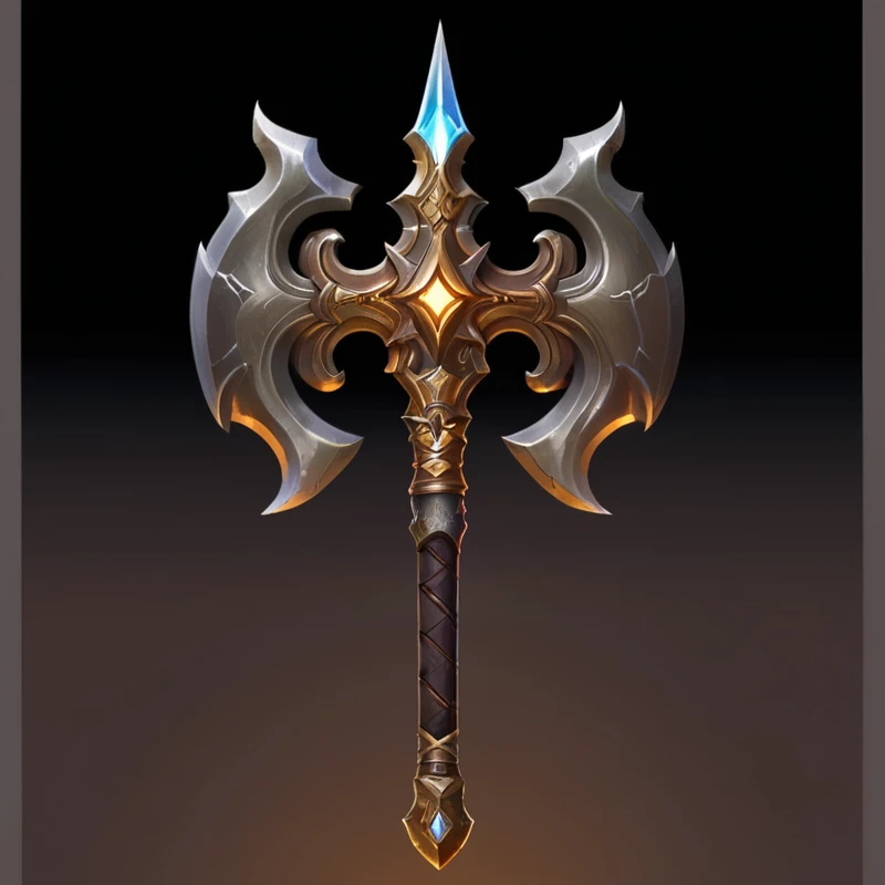 Close up of a large axe with a glowing blade, World of Warcraft Blizzard Weapon Art, epic Fantasy weapons art, Fantasy RPG Weapon Art, Fantasy weapons, Diablo concept art, Diablo digital concept art, Weapon concept art, Hammer Weapon, Weapon Concept Art, Tomahawk, Role Playing Game Items, Hearthstone Weapon Art, Sword weapons, Axe element, halberd