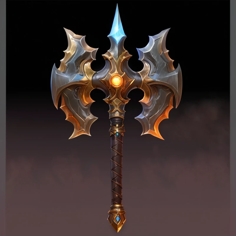 Close up of a large axe with a glowing blade, World of Warcraft Blizzard Weapon Art, epic Fantasy weapons art, Fantasy RPG Weapon Art, Fantasy weapons, Diablo concept art, Diablo digital concept art, Weapon concept art, Hammer Weapon, Weapon Concept Art, Tomahawk, Role Playing Game Items, Hearthstone Weapon Art, Sword weapons, Axe element, halberd