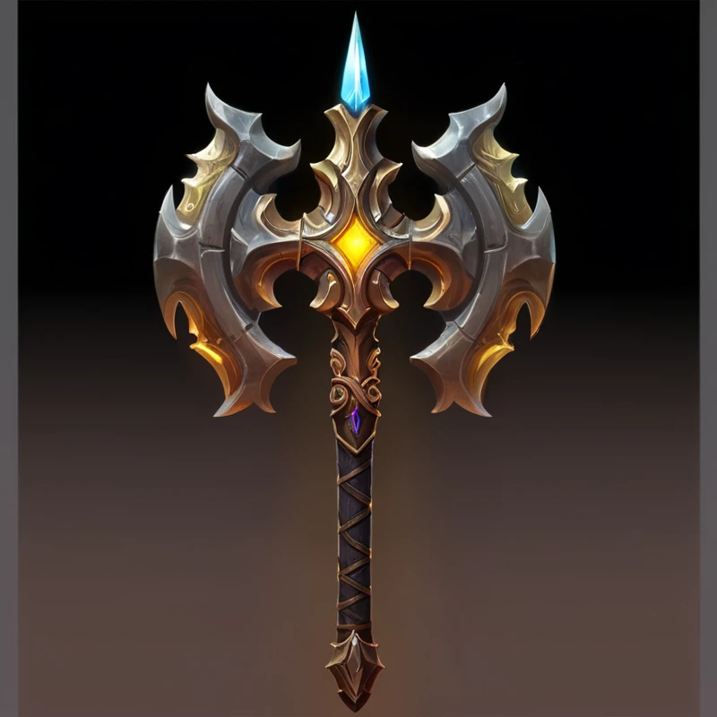 Close up of a large axe with a glowing blade, World of Warcraft Blizzard Weapon Art, epic Fantasy weapons art, Fantasy RPG Weapon Art, Fantasy weapons, Diablo concept art, Diablo digital concept art, Weapon concept art, Hammer Weapon, Weapon Concept Art, Tomahawk, Role Playing Game Items, Hearthstone Weapon Art, Sword weapons, Axe element, halberd