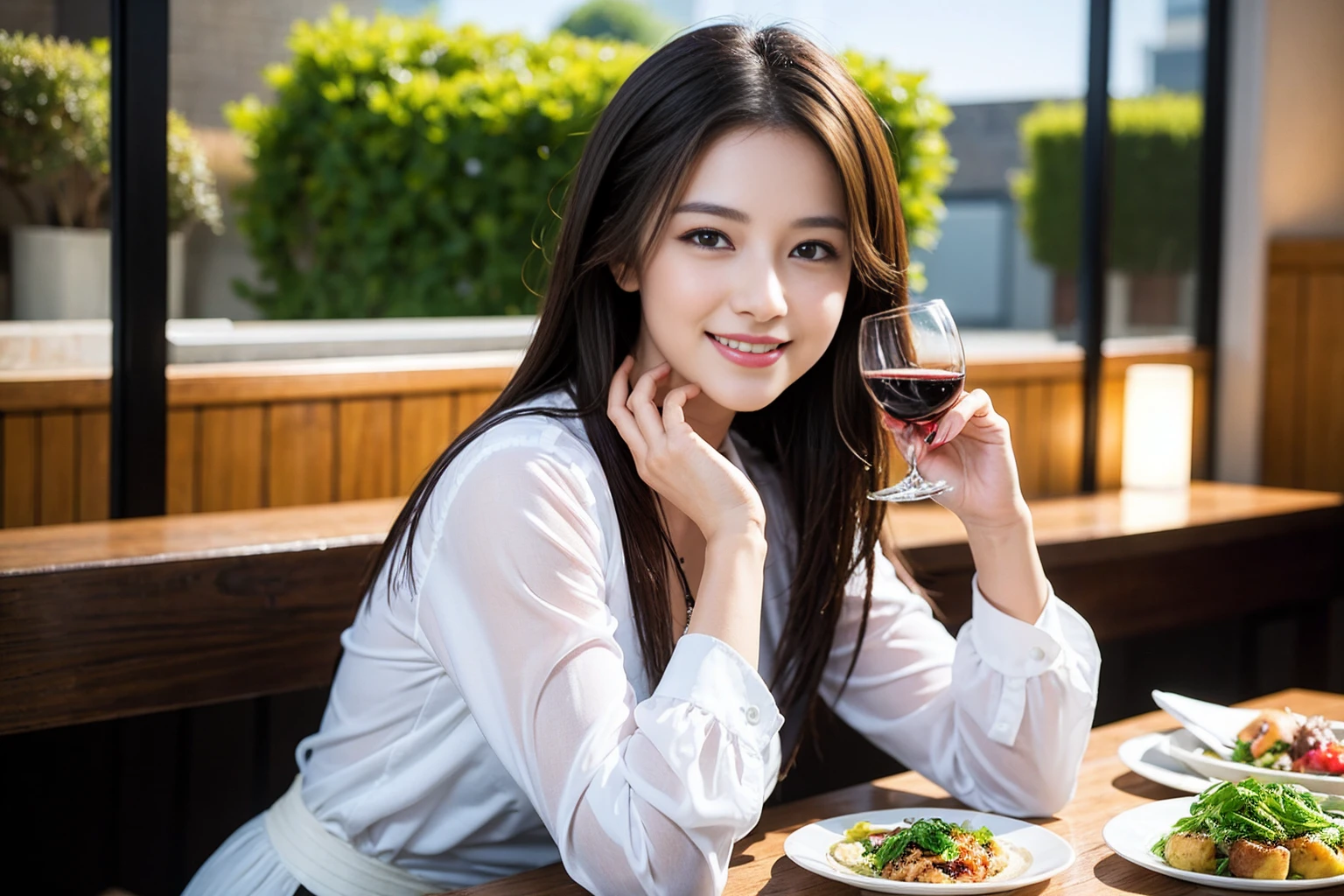 ((Highest quality、8K、masterpiece:1.3))、Shortcuts、cute、slimカップル、modelカップル、actress男優、(Realistic, Intricate details:1.2), full-course dinner、Wine Party、Amazing view of the sunset sky and clouds、A bright smile、short hair,Bright Face、 (Age 45), 42 years old, red wine 、Appetizers、Italian food、Wine bottle、Champagne、sparkling wine、Two beauties、Brown Hair、Shortcuts、Long sleeve shirt、dress、Beautiful woman 1, (slimな顔), (The body is slim), (Brown Hair), (Shortcuts), cheeks turn a little red,Attractive beauty、restaurant, In a prominent place (From the waist up) Nova Frog Style, actress, model, Upper Body, White wine, slim, wine glass, 中央に置かれたwine glass, smile, (smile: 1.15), Beautiful fine grain, Depth f/2,saturation, High Contrast, Strong light and shadow,Moist Body:1.5、3D texture、Delicate eyes、Brown Hair、The hair is very shiny、