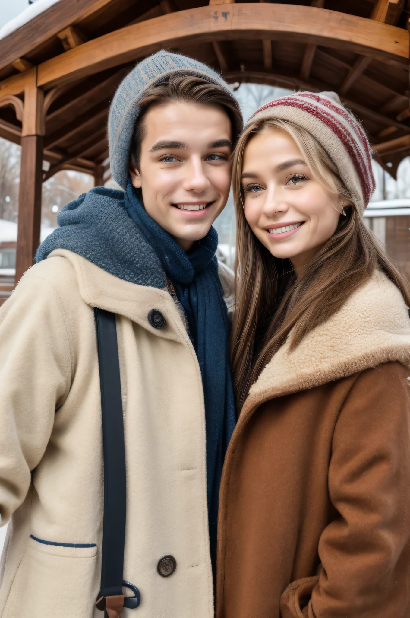 professional photograpy, best qualityer, 8K, hyper detailled, halfbody, A close-up portrait of two friends posing for the camera, an Argentine man with dark brown hair and a Russian woman with light brown hair, they are both wearing winter clothes, They are both nice people from Argentina and Russia, who share a true and beautiful friendship between a man and a woman, and they are united. Are they happy, smiling and enjoying a day at the park in winter. They pose happily for the camera. Railway station in the background.