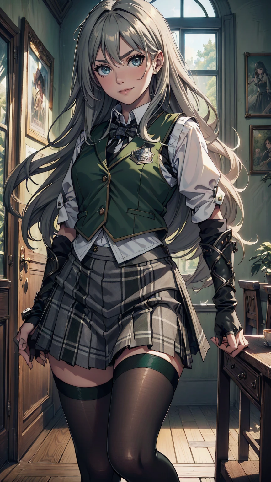 最high quality、Ultra High Definition, Ultra High Quality, Hyper Definition, Hyper Quality, Hyper Detailed, Extremely Detailed, Perfectly Detailed, Best image quality、masterpiece、woman((20-year-old, super dynamic pose , Green solid eyes, Silver long Hair 、Disheveled Hair、Fingerless Glove、Black School Vest, Grey Plaid Skirt, Black Tights, Smirk、cheerful expression, Dressed in school)),high quality、Beautiful art、background((Inside the mansion))、Written boundary depth、movie、Visual Arts、Perfect art、8K,Genuine