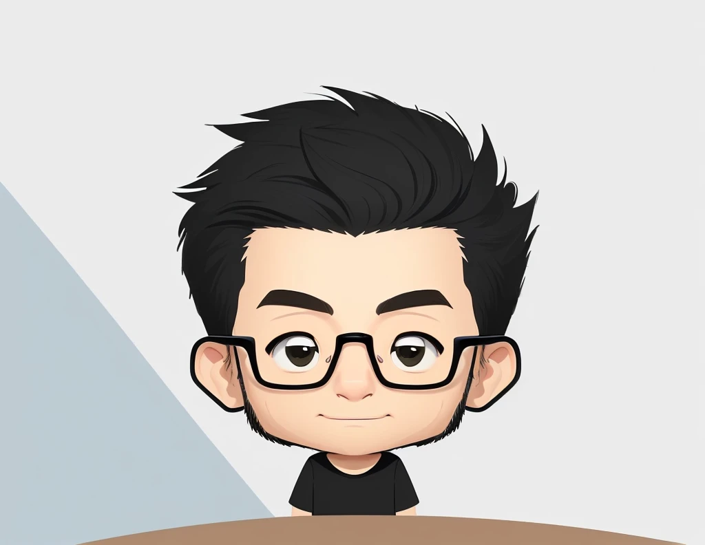 Cartoon of a man with black hair and wearing a black shirt, Round face, upper body 2d game avatar, Cartoon Art Style, In cartoon style, simple cartoon style, No Gradient, Round face, An illustration, Professional Profile Photo, trend, Asian Man, Round Head, High-quality portraits, Wear glasses, Shaved Head, Kind eyes
