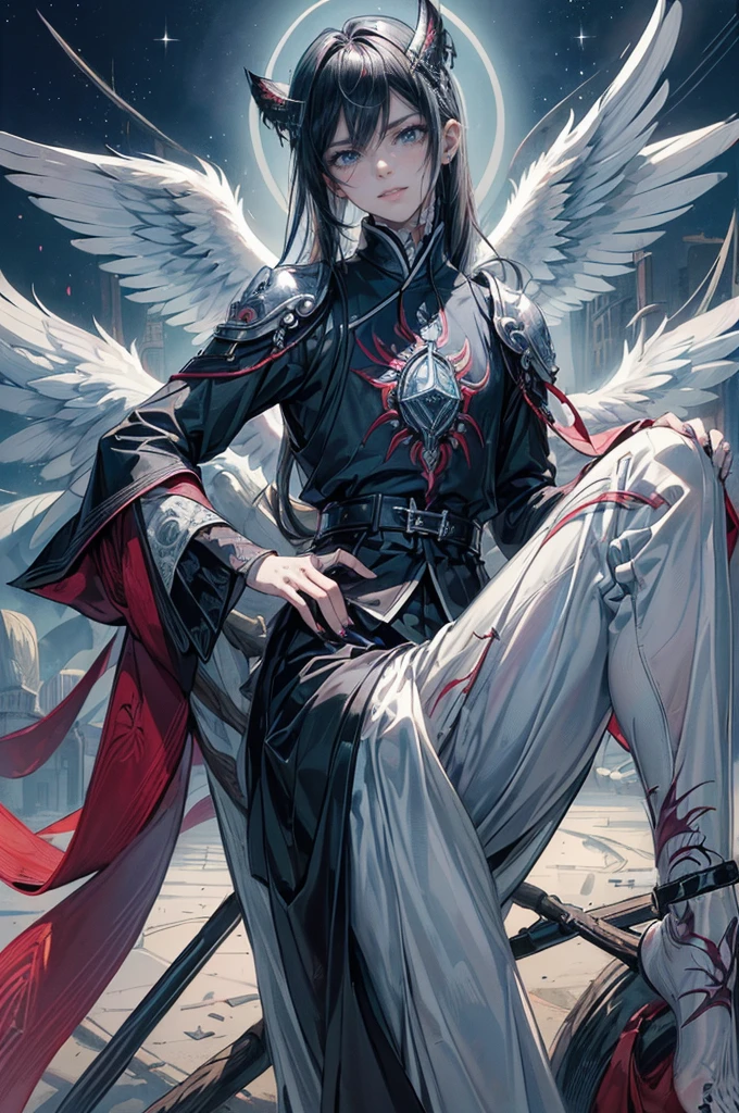 ((4K works))、raw work、（top-quality)、((top-notch image quality))、((uma lind boy))、slim body、((Preta Y shirt fashion))、( detailedeyes )、((Face similar to Chaewon in Ruseraphim))、((shoulder length hair))、((shiny silver hair))、((smaller face))、((face neutral))、 ((clear blue eyes))、((British boy))、((13 year old))、((wild boy))、((wild appearance))、((Show your fangs and laugh))、((Korean makeup with black eyeshadow))、((elongated and clear eyes))、((Taken alone))、((fallen Angel))、((fallen angel boy))、Pictures of fallen angels、villain、((amazing photo)) 、Photographed so that the entire body can be seen、horor、((There&#39;s a crow on the right shoulder))、Dark Proof、((cold stare, fear)), (( Lifeless look)), ((pale skin)) ((Sexy slender thighs)) ((Round ass)) ((Waist slender))