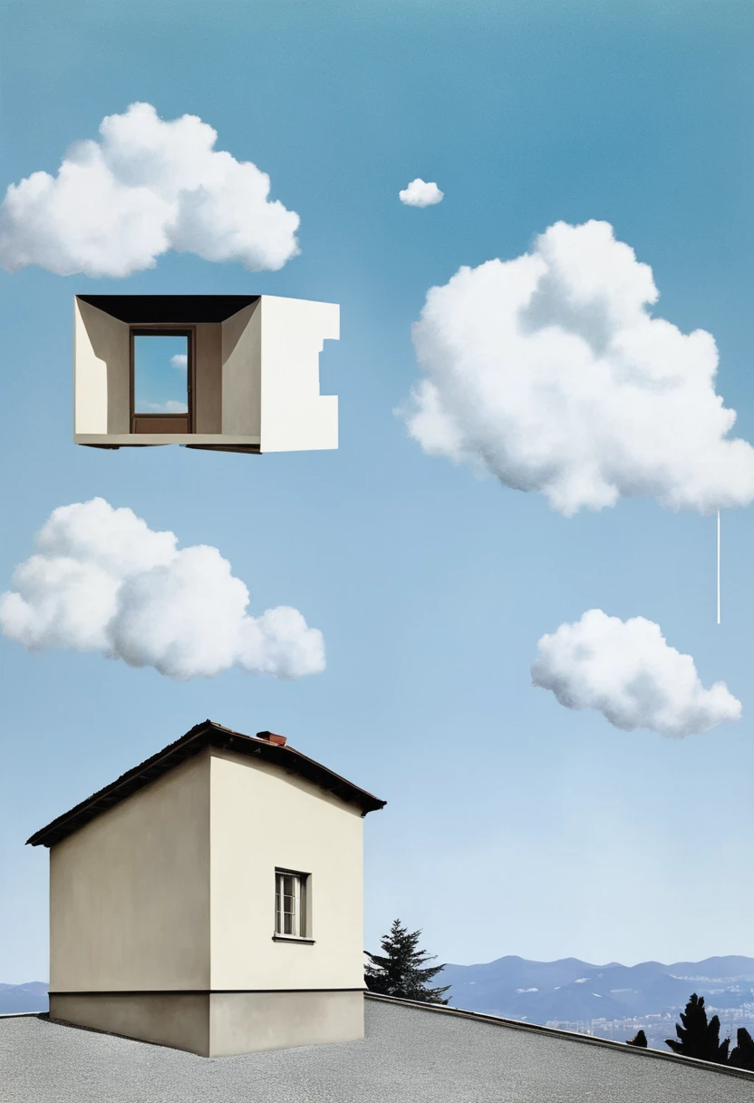 René Magritte,Weird misplaced art:肖像Collage画,White clouds on face,house,Geometric Dislocation,Collage,Artistic sense,Painting,paint,Simple,