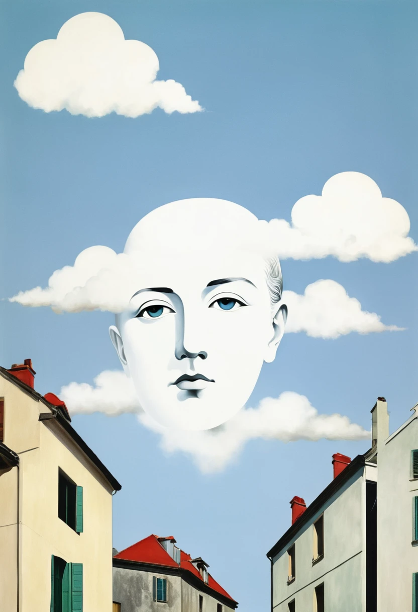 René Magritte,Weird misplaced art:肖像Collage画,White clouds on face,house,Geometric Dislocation,Collage,Artistic sense,Painting,paint,Simple,