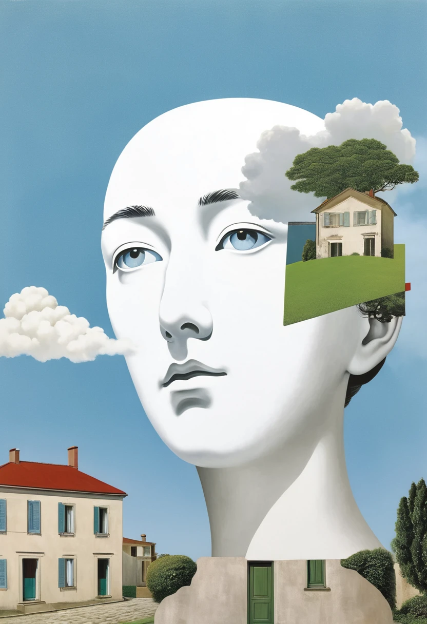 René Magritte，Weird misplaced art：肖像Collage画，White clouds on face，house，Geometric Dislocation，Collage，Artistic sense，Painting，paint，Simple，