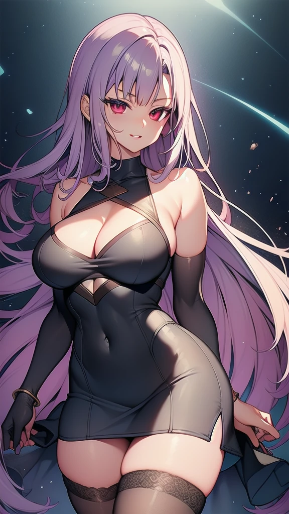 masterpiece, best quality, 1 solo girl, light purple hair, red eyes, long hair, medium breasts, sexy body and face, wavy hair, smile, parted lips, gradient clothes, dress, elbow gloves, sleeveless, bare shoulders, cape, boots, bracelet, sleeveless dress, ribbon, black gloves, turtleneck, short dress, pantyhose, black footwear, night, sexy pose, cowboy shots, detailed body, face, and eyes, sharp focus, vibrant, creative, dynamic, high definition, high resolution, 8k, (Upscale: R-ESRGAN 4x+ Anime6mage enchance:4x), voluptuous body, cinema lightning, dakimakura style, looking at the viewer,