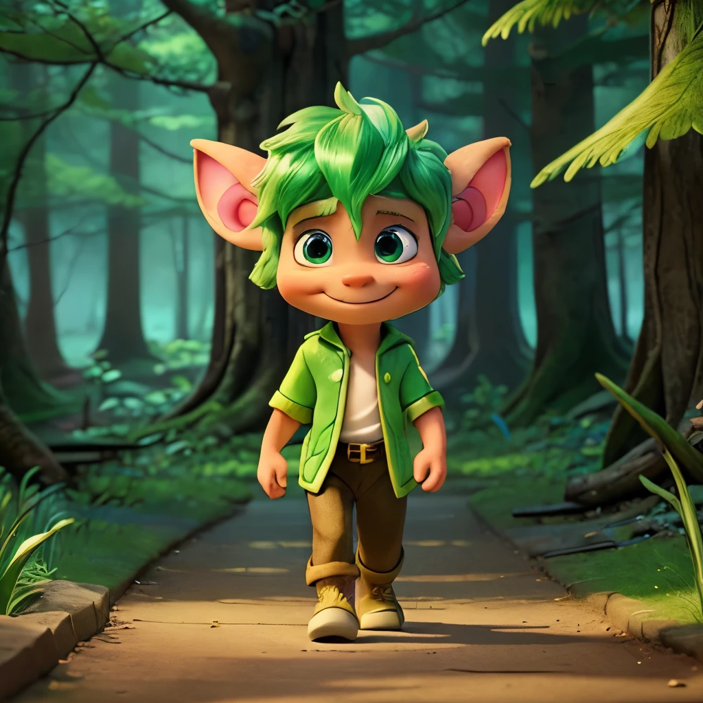 Highest quality、Forest Fairy、Big Ears、((A cute beast boy using magic))、((Using magic))、((He is walking here:1.3))、((Smiling expression))、(Close-up photography)