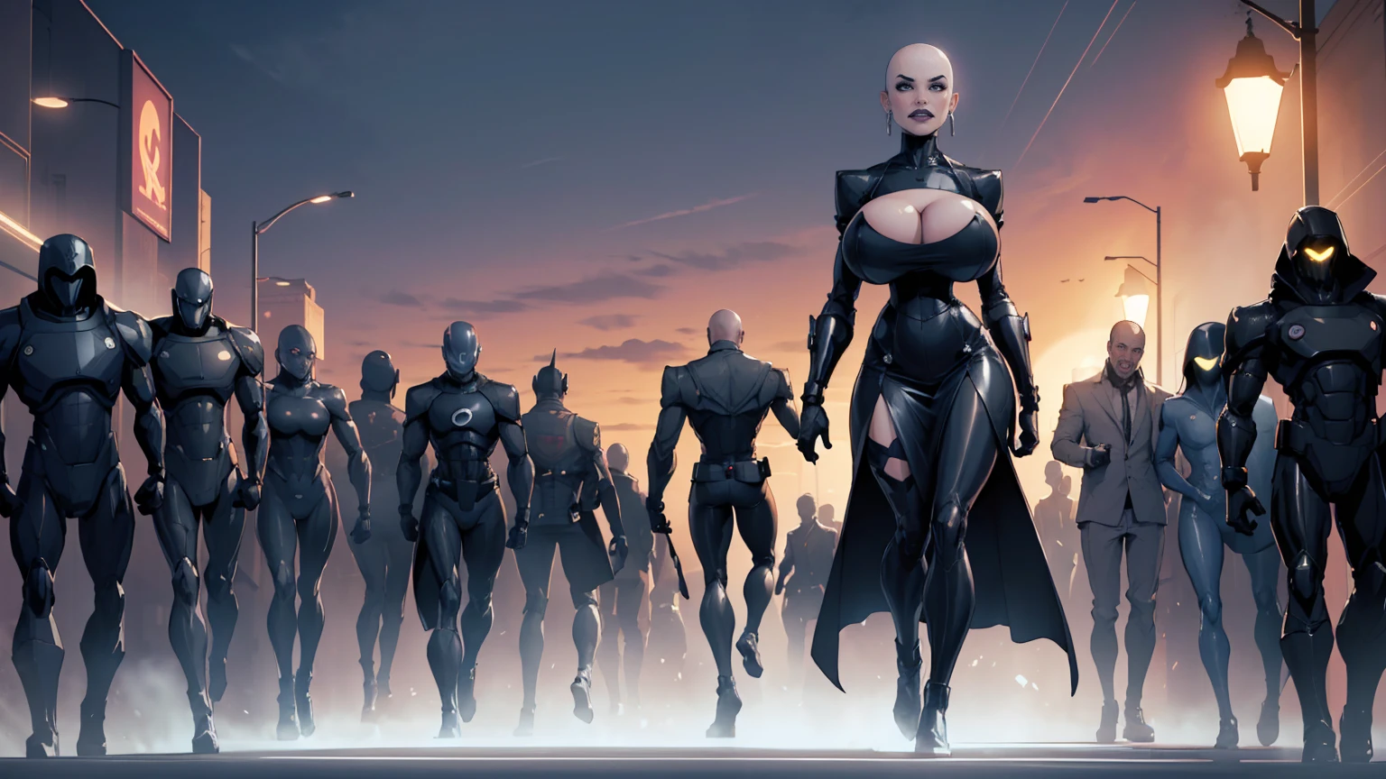 ((character design sheet)),((full body view)),1 Same Girl , Perfect Beautiful , ((bald head)) ,(chrome skin:1.1), (silver arms, silver face, silver legs) ((android woman)),( metallic android , Black Gothic Dress , Athletic Body , ((gigantic breasts:1.2)), Realistic Lighting, Dark Vibe , Crowd , Gothic Makeup , Gothic Tattoo , Posing Like a Model , Look at Viewer, simple background,