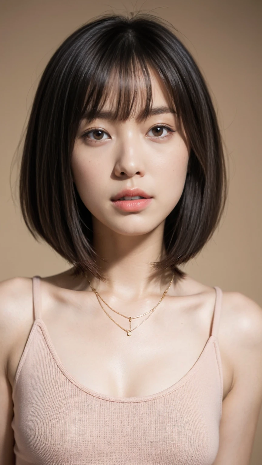 Short brown hair in a bob cut、bangs、big expressive eyes、Smooth Skin、She wore a pale pink tank top and a delicate necklace.、Warm tones、High quality and detailed rendering of a young Asian woman portrait。