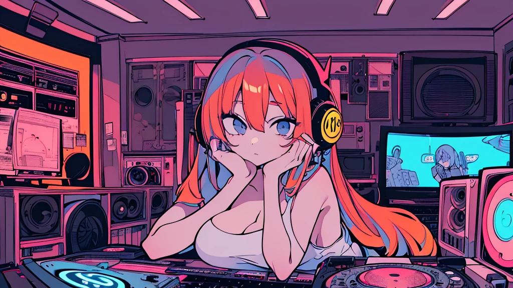Best quality, (masterpiece), best detail face,1 girl, natural breasts, 18 yo, 8k,absurdres,unity 8k wall paper,(extremely detailed:1.3), highest realistic, (retro headphones:), (soft neon light:), (psychedelic), Her room full of music equipment and records, sports wear , See the whole room , dark orange color pallet