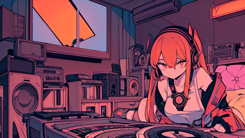 Best quality, (masterpiece), best detail face,1 girl, big breasts, 18 yo, 8k,absurdres,unity 8k wall paper,(extremely detailed:1.3), highest realistic, (retro headphones:), (soft neon light:), (psychedelic), Her room full of music equipment and records, sports wear , See the whole room , dark orange color pallet