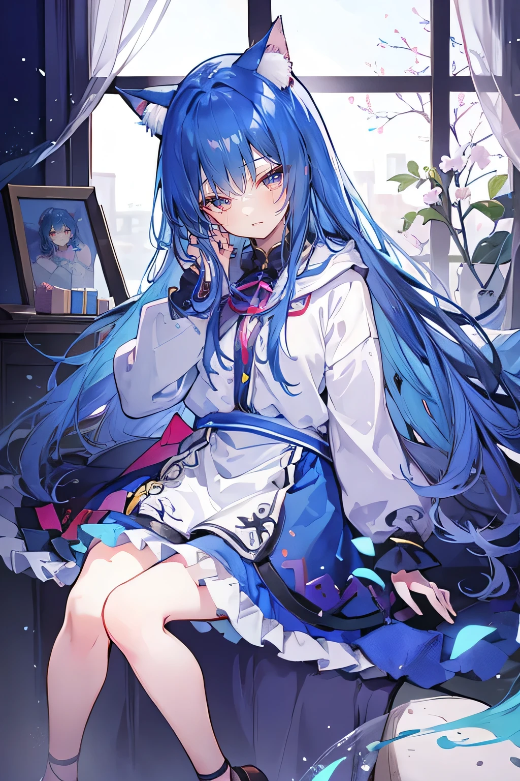 (masterpiece:1.2),Super detailed,lifelike,Expressive eyes,fair skin,perfect face shape,1 girl,
Japanese comics,Gorgeous blue hair,flowing blue hair,flowing clothes,Cat ears,Petals fall,beautiful lola,Baby Angel,
Shaking head with one hand,Cross your legs,Gentle and peaceful background,The pavilion is cool and comfortable,smile, wearing hoodie, In front of the window,snowing,Clear sky,Witch costume。