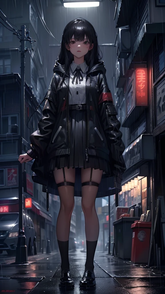 8K，tmasterpiece，Best quality，hyper-detailing，realistically，Extremely detailed face，light，ray traycing，unlit hair，
On cloudy streets，Corner store，foggy and heavy rain，A black man with long hair and black eyes，girl standing in the middle of the road，She was wearing a black convertible hooded jacket，White color blouse，Short black skirt and black garter belt，student shoes，Clothes soaked by rain，depth of fieldtent ），Cinema lens lighting，