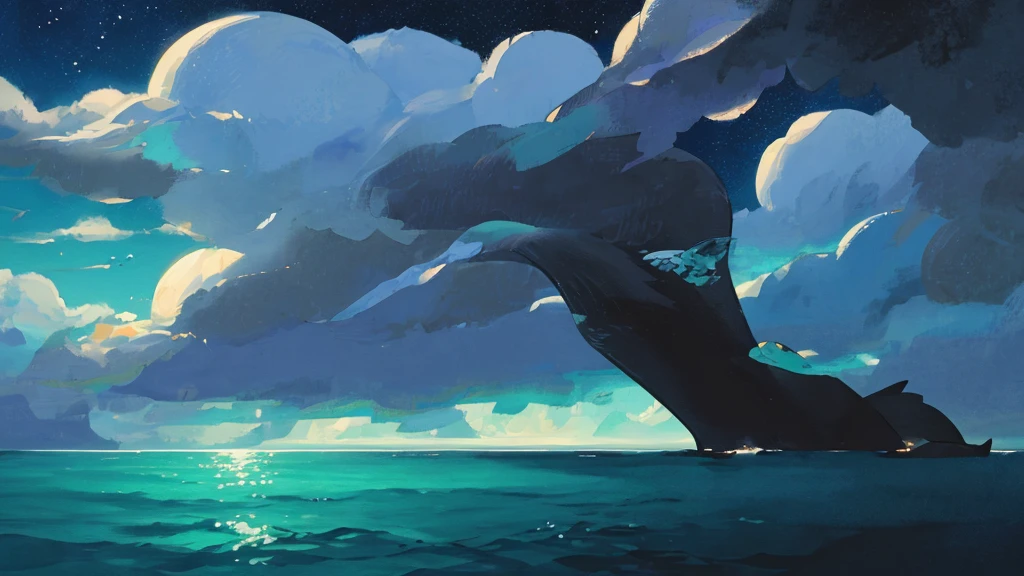 whale　Healing　Silence with no buildings

Night sea painting drawn by a skilled artist
Blue ocean, underwater, a very beautiful and delicate touch, soothing healing
The overall impression is blue, black, and moonlight

Background that does not show people

