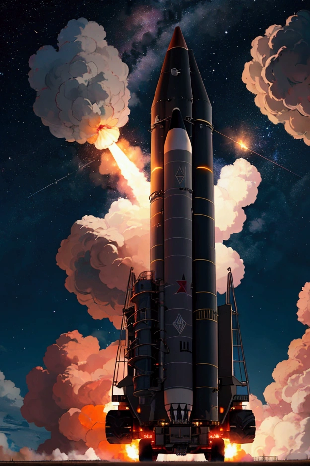 MLRS rocket launch . ROCKET IN THE AIR, dark background extreme explosion bright lights