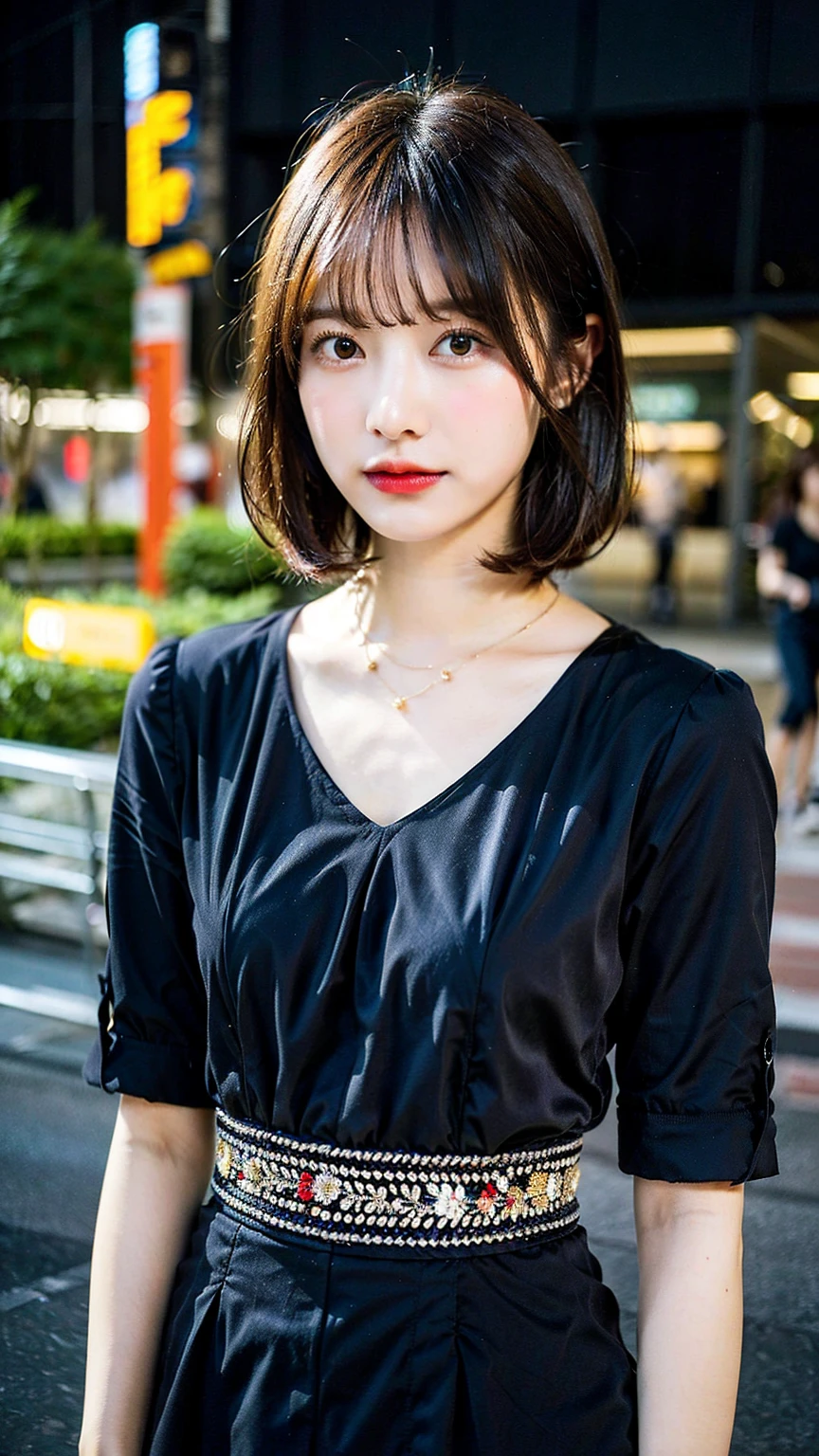 a beautiful japanese woman with very short bob haircut, full body shot, wearing fashionable clothes, necklace, simple background, (best quality,8K,32k,masterpiece:1.2),cinematic aesthetic:1.4,beautiful fashion model photo in bokeh city night,full body shot,Standing figure with feet projected