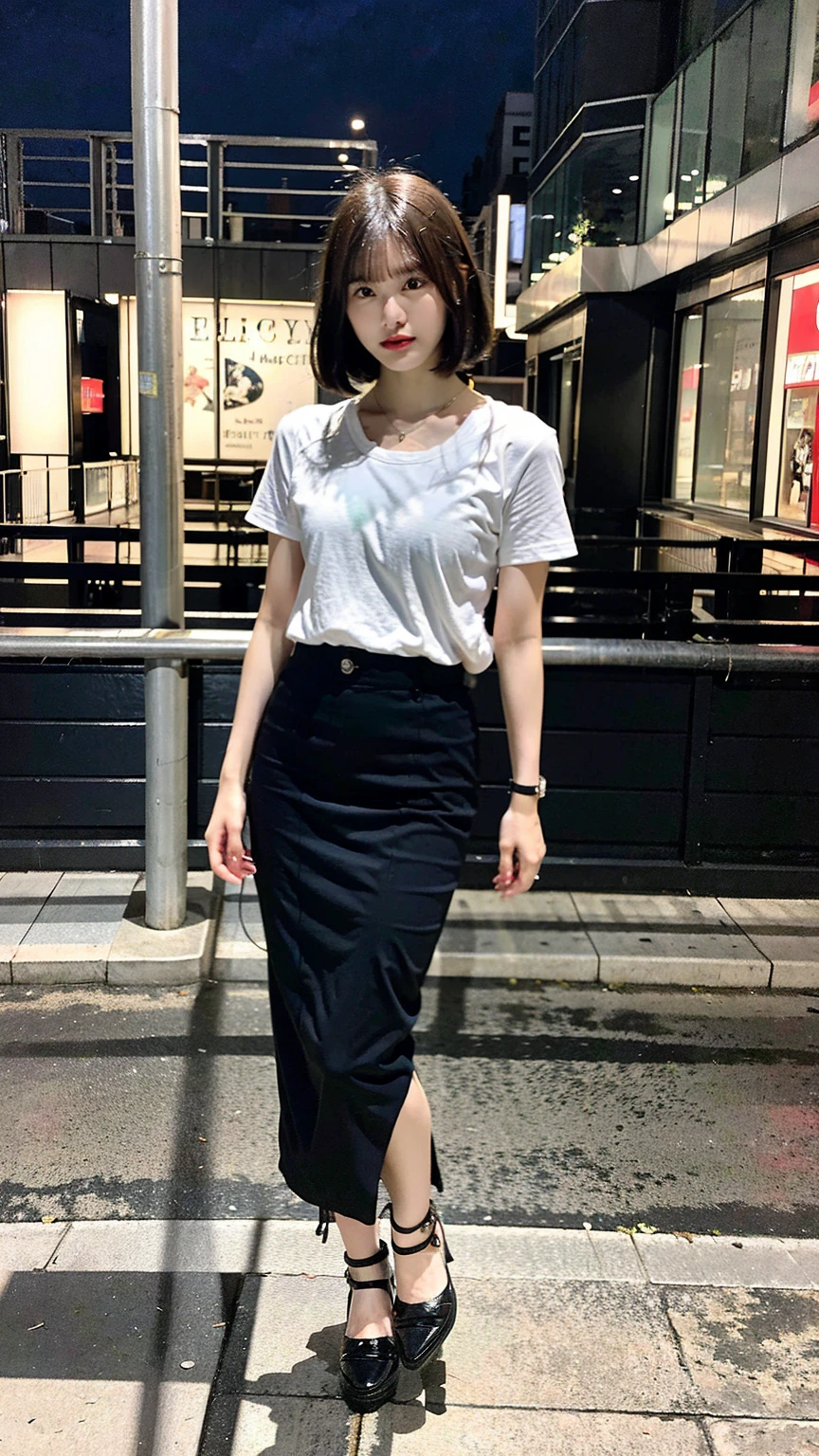 a beautiful japanese woman with very short bob haircut, full body shot, wearing fashionable clothes, necklace, simple background, (best quality,8K,32k,masterpiece:1.2),cinematic aesthetic:1.4,beautiful fashion model photo in bokeh city night,full body shot,Standing figure with feet projected
