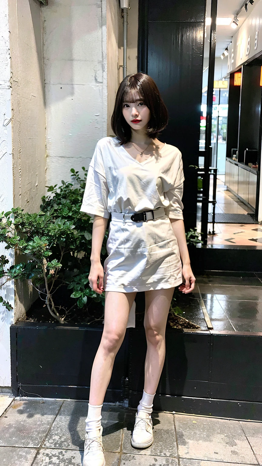 a beautiful japanese woman with very short bob haircut, full body shot, wearing fashionable clothes, necklace, simple background, (best quality,8K,32k,masterpiece:1.2),cinematic aesthetic:1.4,beautiful fashion model photo in bokeh city night,full body shot,Standing figure with feet projected