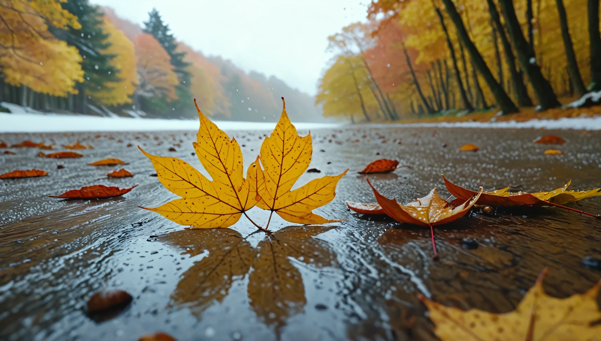 sandy beach, magical round leaves leaves falling, snow is falling thinly,nature documentry footage, youtube video screenshot, today's featured photography 4k, autumn rain turkel, nature photography 4k, november, cinematic widescreen shot, leaves and magic, high quality screenshot, 2 0 2 1 cinematic 4 k framegrab, wide screenshot