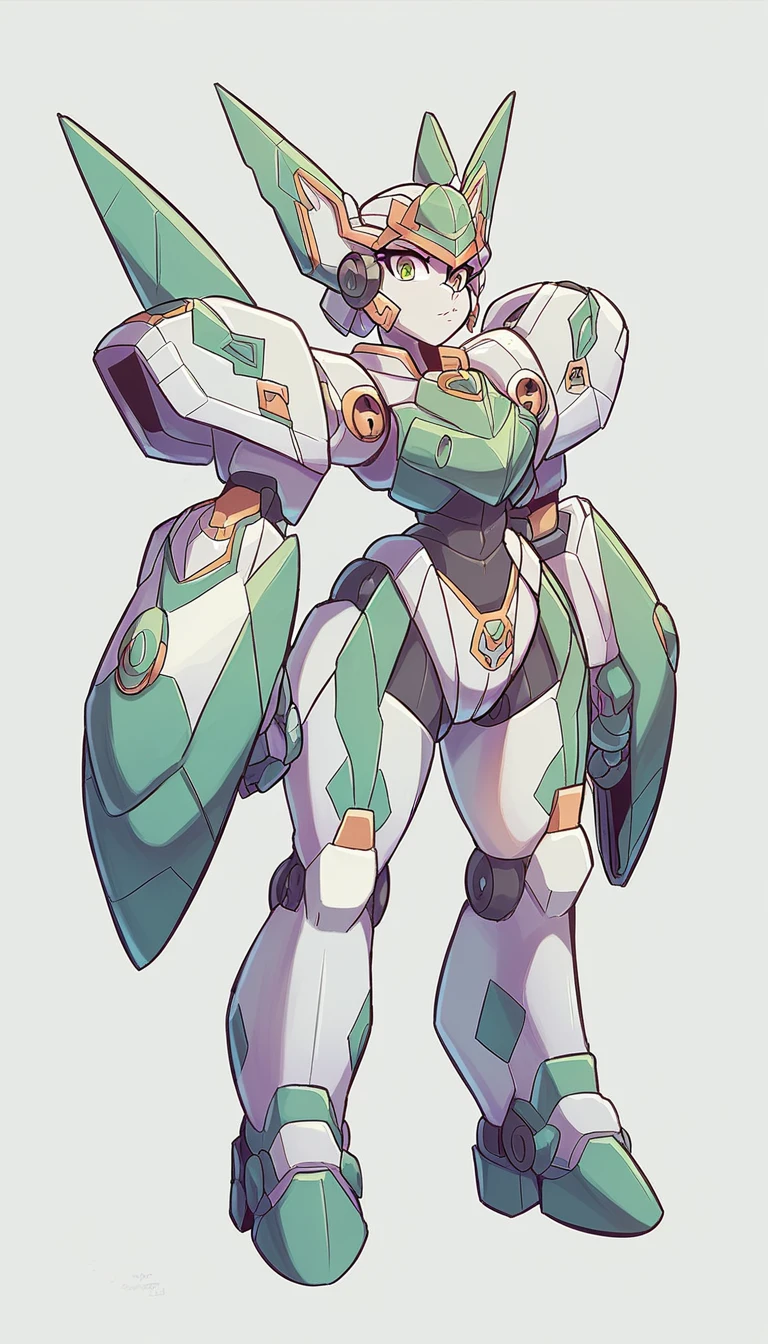 a drawing of a woman in a green and white outfit, girl in Mecha cyber armor, conceptual piece, dishonest anime girl, # Mecha, portrait girl of the zodiac, android heroine, female Mecha, full body concept, badass pose, in opal armor, mecha human