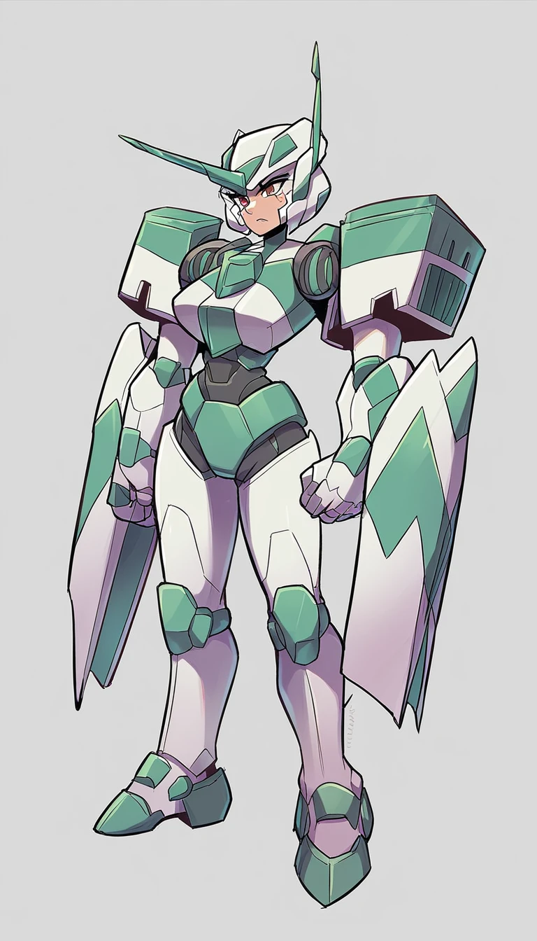 a drawing of a woman in a green and white outfit, girl in Mecha cyber armor, conceptual piece, dishonest anime girl, # Mecha, portrait girl of the zodiac, android heroine, female Mecha, full body concept, badass pose, in opal armor, mecha human