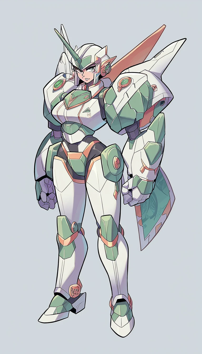 a drawing of a woman in a green and white outfit, girl in Mecha cyber armor, conceptual piece, dishonest anime girl, # Mecha, portrait girl of the zodiac, android heroine, female Mecha, full body concept, badass pose, in opal armor, mecha human