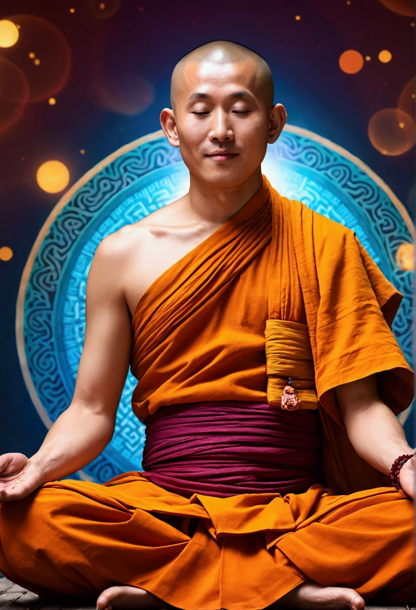 Asian monk,look forward to,meditate with your legs crossed, Not central,Very bright color, Particles of light, In bright light, Musibu, Wallpaper Art, UHD wallpaper、smile、