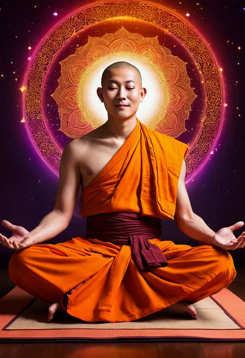 Asian monk,look forward to,meditate with your legs crossed, Not central,Very bright color, Particles of light, In bright light, Musibu, Wallpaper Art, UHD wallpaper、smile、