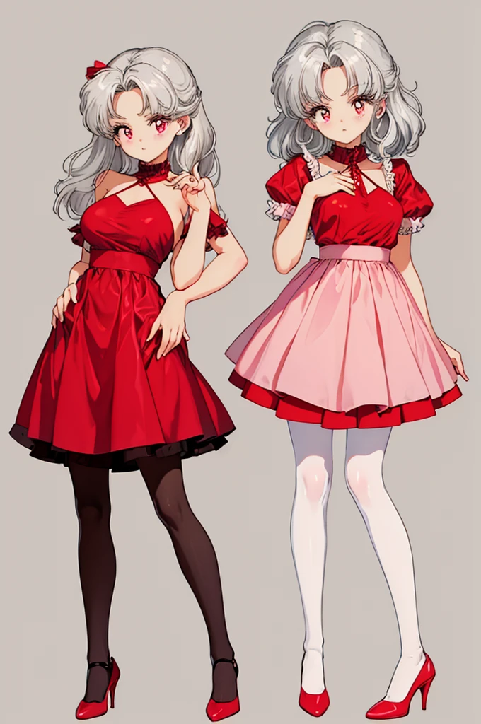 (masterpiece, Highest quality), female, Red dress, pantyhose, Cute Face, blush,Pink Eyes，High heels，Silver Hair，Standing posture