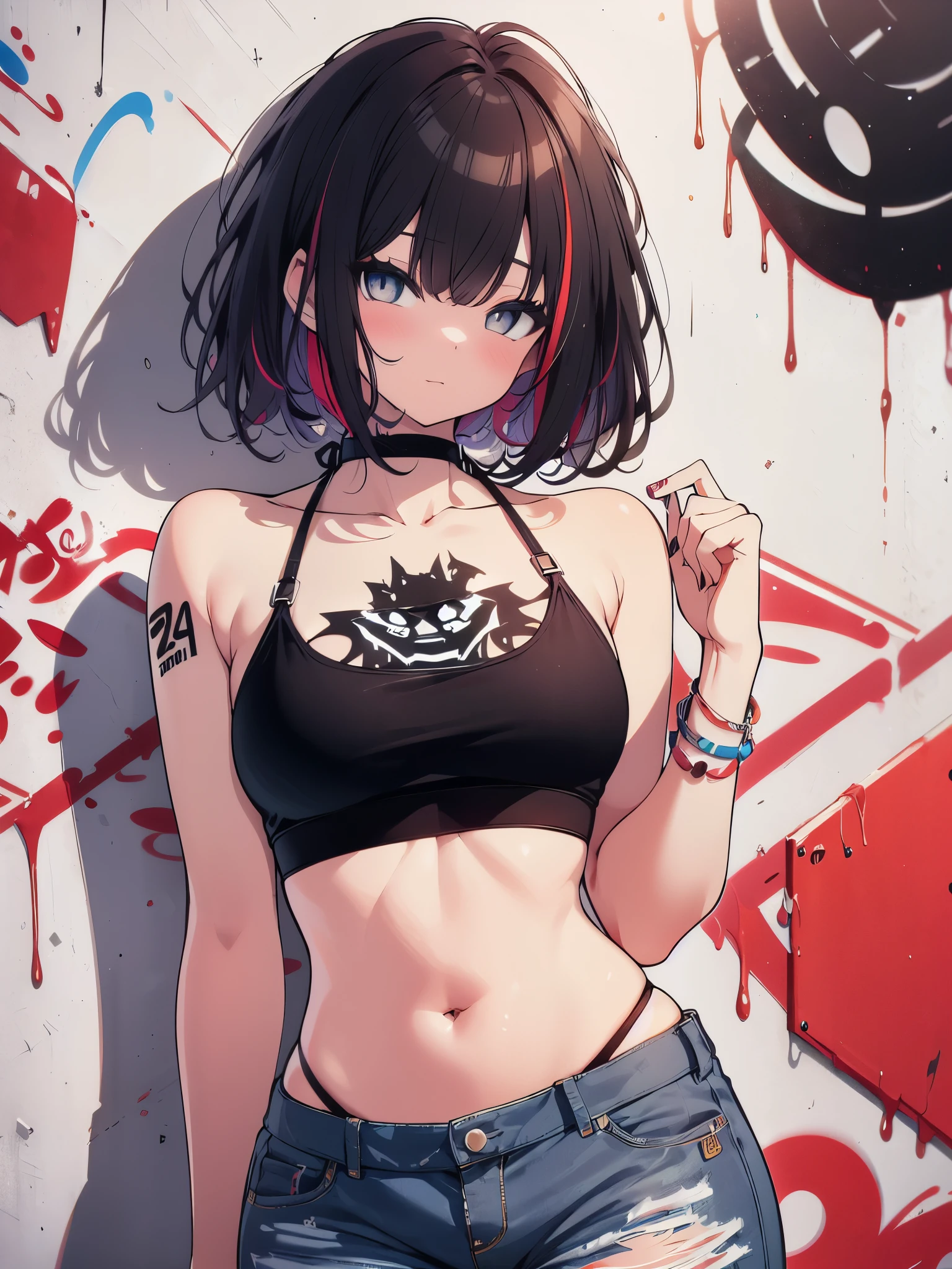 (cowboy shot), (best quality, ultra-high resolution, depth of field:1.2), adult, 1woman, toned body, medium breasts, wide hips, solo, black hair, streaked hair, short hair, bangs, black crop top, bikini underwear, (highleg bikini:1.4), denim jeans, (graffiti:1.4), paint-stained clothes, slouching, against wall, looking at viewer, upturned eyes, head tilt, bored, hands behind back