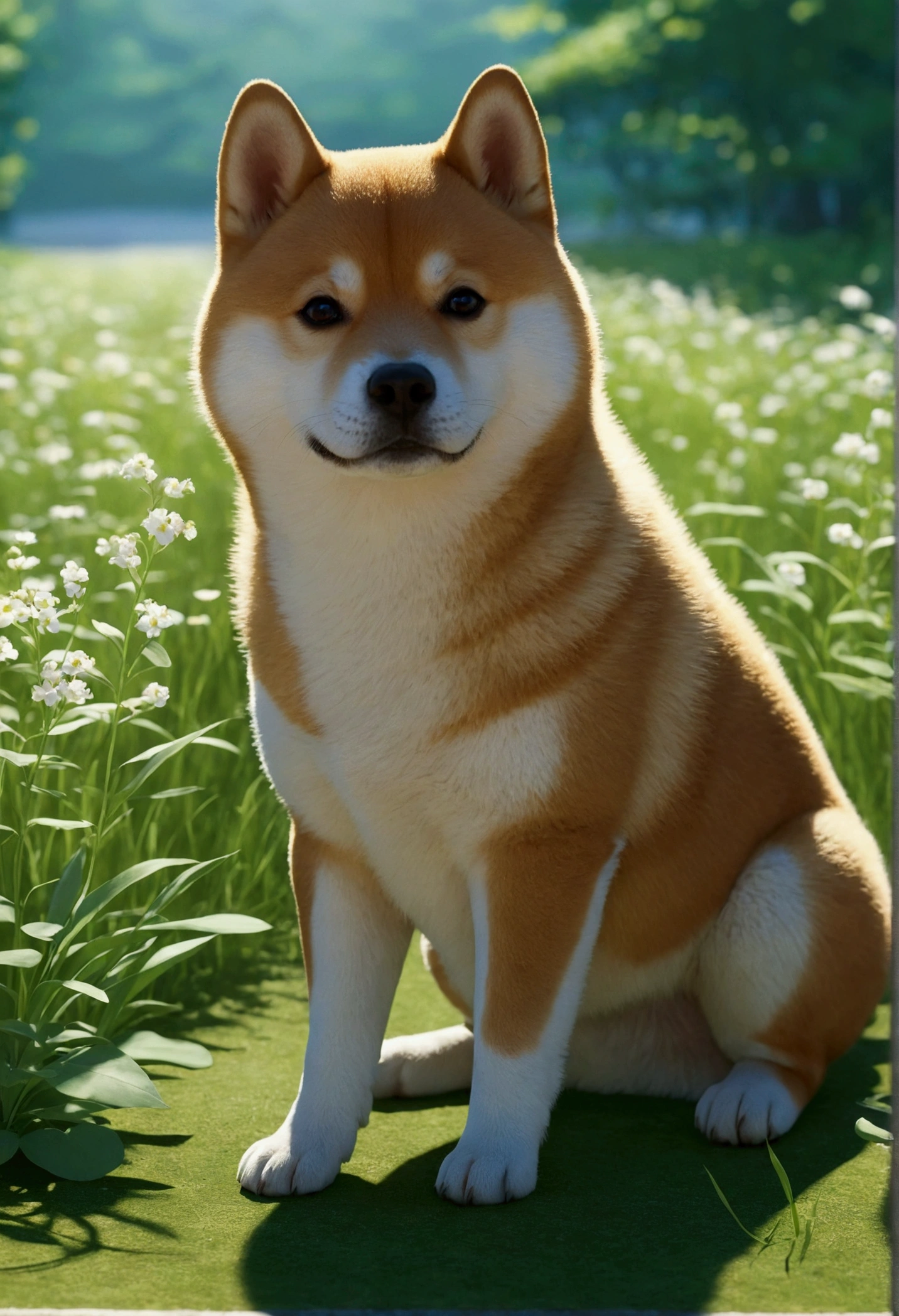 Makoto Shinkai Taste,Shiba Inu Puppy,Healing scenes,Pink Flower,Yellow Flower,blue sky