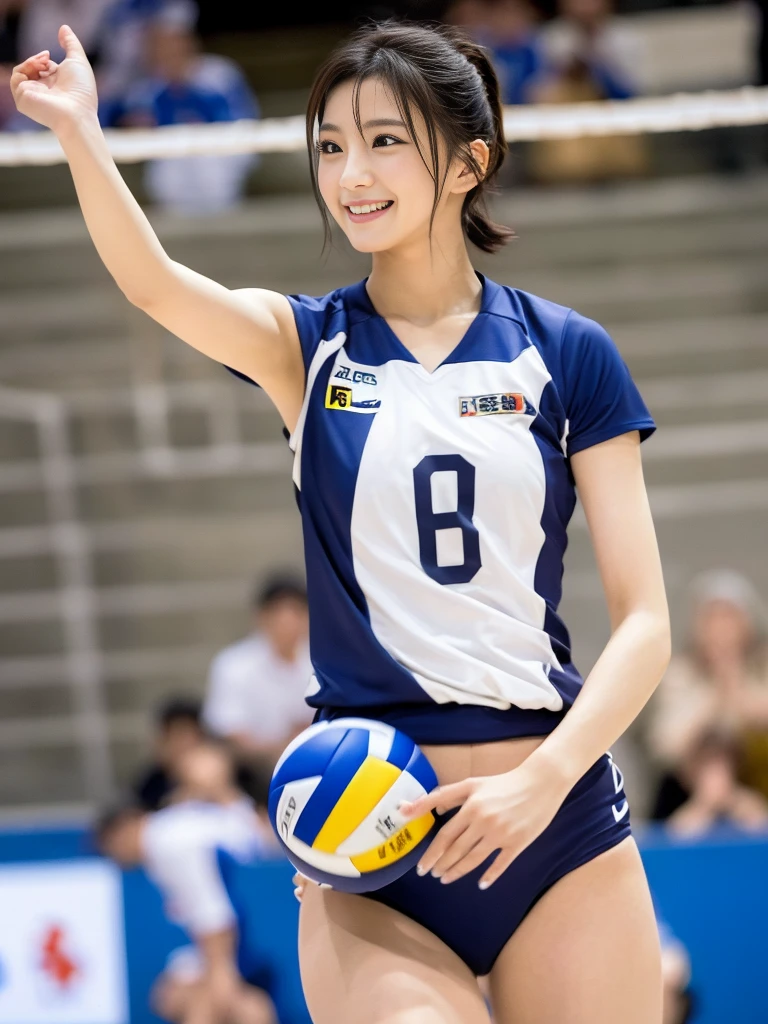 Highest quality, masterpiece, Ultra-high resolution, (Realistic:1.4), Raw photo, One girl, The most famous Japanese actresses, Wearing a volleyball uniform, Very beautiful face, very beautiful big eyes, Very beautiful short hair, Very beautiful skin, Very beautiful long eyelashes, Very beautiful lips, Very beautiful hips, Very beautiful thighs, Upturned buttocks, Dynamic Pose, An innocent smile