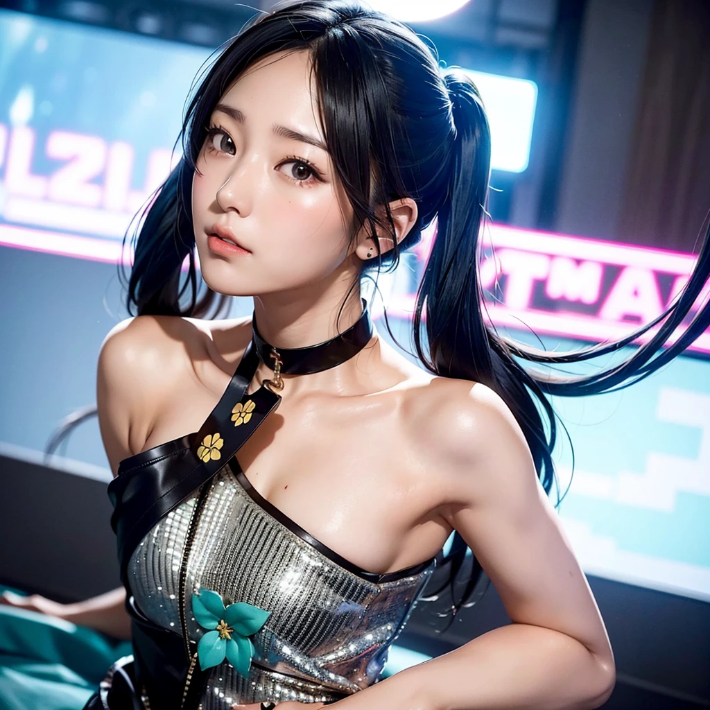 40-year-old Japanese woman、Black Hair、The hair is very short、Twin tails、Hatsune Miku コスプレ、headphones、flat chest、Realistic photos、Realistic、8K quality、tall、No bangs、Live Performance Venues、Singing on a microphone、Close-up of face、Afterschool