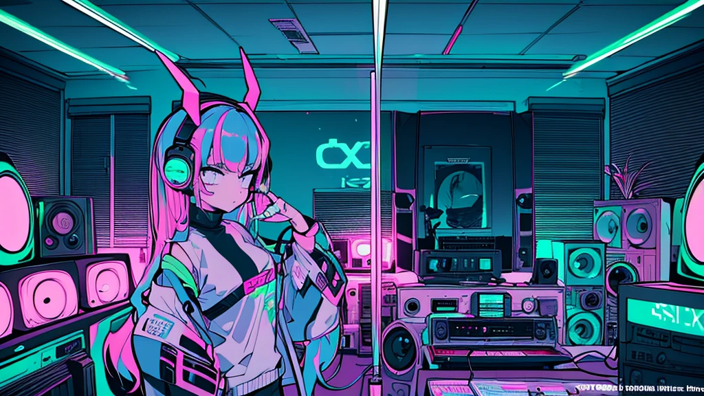 Best quality, (masterpiece), best detail face,1 girl, natural breasts, 18 yo, 8k,absurdres,unity 8k wall paper,(extremely detailed:1.3), highest realistic, (retro headphones:), (soft neon light:), (psychedelic), Her room full of music equipment and records, sports wear , See the whole room , dark green color pallet

