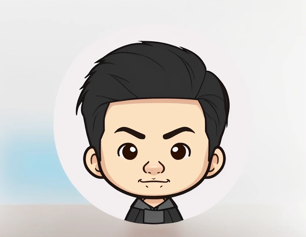 Cartoon of a man with black hair and wearing a black shirt, Round face, upper body 2d game avatar, Cartoon Art Style, In cartoon style, simple cartoon style, No Gradient, Round face, An illustration, Professional Profile Photo, trend, Asian Man, Round Head, High-quality portraits, Wearing black-rimmed glasses, Shaved Head, Kind eyes