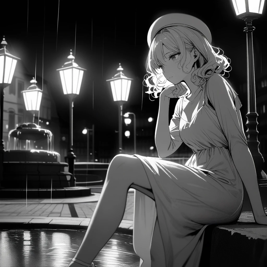 masterpiece,best Quality,ultra detailed,(Film noise:1.2), (film frame), (monochrome:1.2), 1woman,cool,curly hair,modern girl, A languid expression, a downcast face,hand on own chin,blond hair,white round hat, long white dress, white pumps, sitting on stone edge of fountain, one leg raised, European street scene, building, street lamp,cinematic angle,cinematic lighting,rainy,