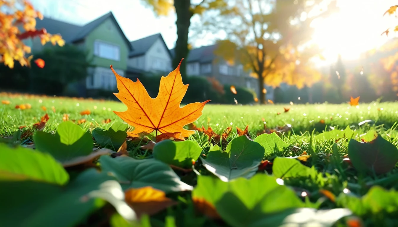 there is a green leaves that is sitting on the grass, magical leafs falling, nature documentry footage, youtube video screenshot, today's featured photography 4k, autumn turkel, nature photography 4k, november, cinematic widescreen shot, leaves and magic, high quality screenshot, 2 0 2 1 cinematic 4 k framegrab, wide screenshot
