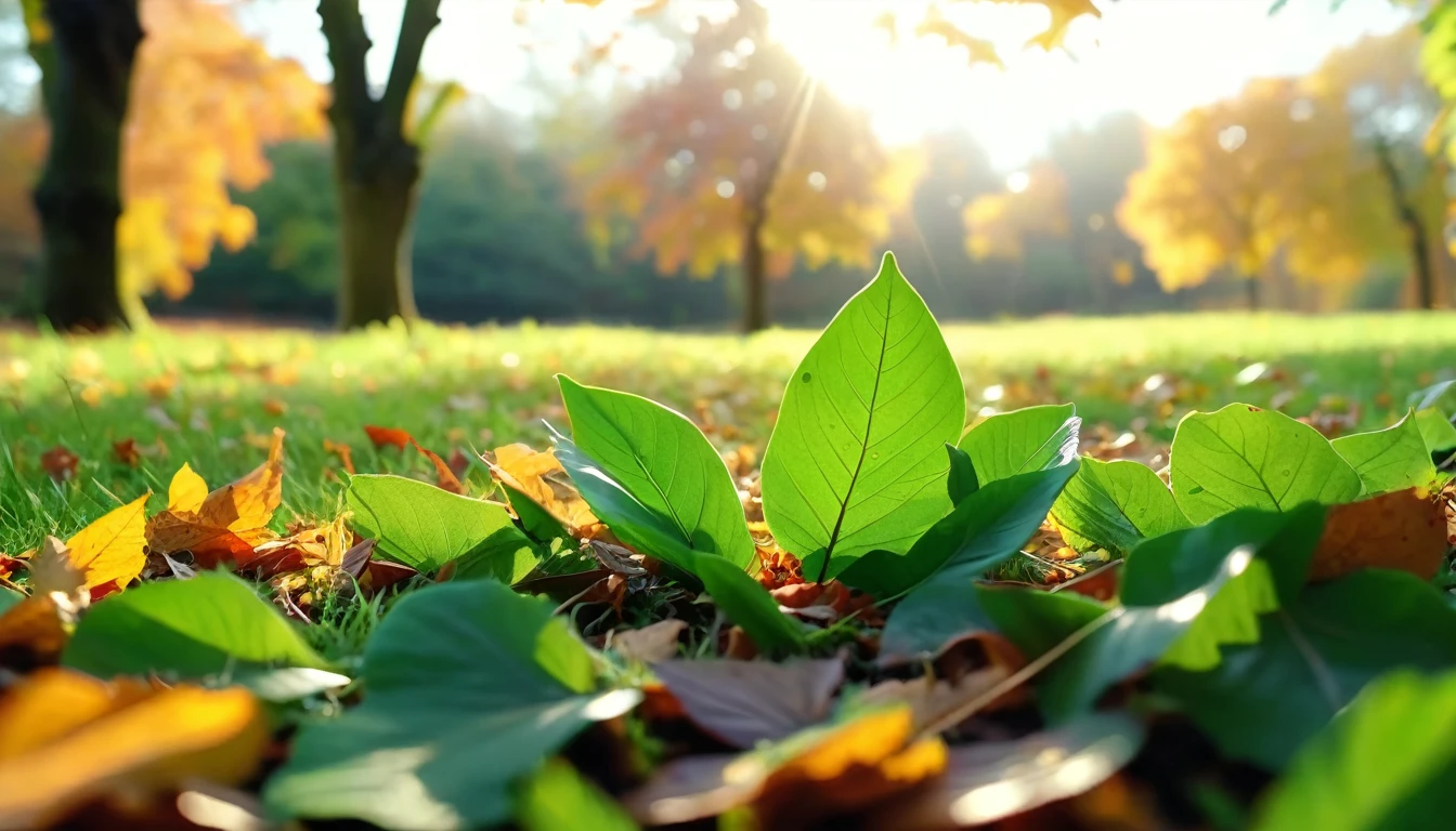there is a green leaves that is sitting on the grass, magical leafs falling, nature documentry footage, youtube video screenshot, today's featured photography 4k, autumn turkel, nature photography 4k, november, cinematic widescreen shot, leaves and magic, high quality screenshot, 2 0 2 1 cinematic 4 k framegrab, wide screenshot