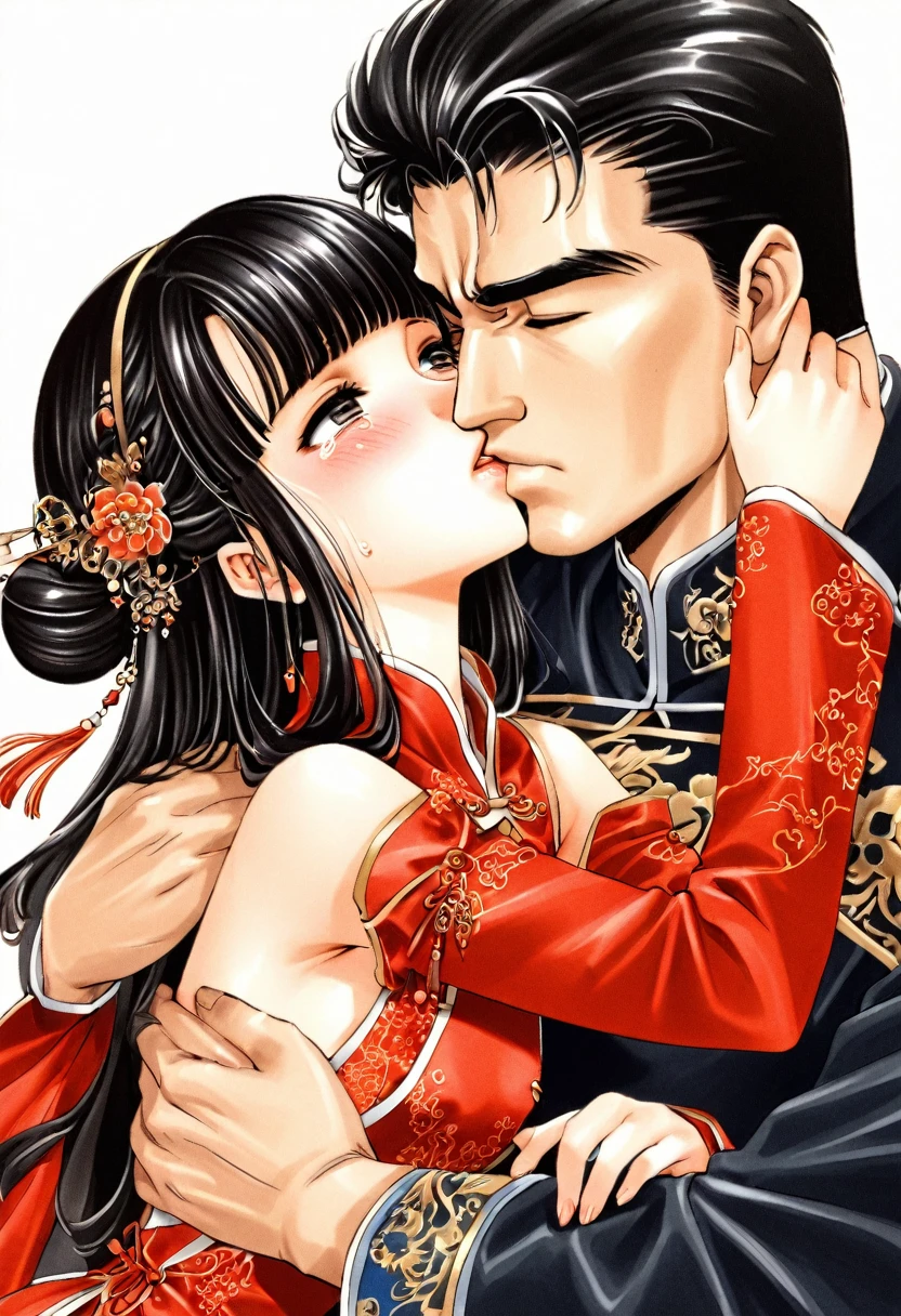 Period drama manga style　A 15-year-old super beautiful Chinese girl with black hair in a bun cut(1 person)　She is wearing a royal long-sleeved Chinese dress　She is hugged by the perverted old emperor and forced to deep kiss him, causing him to cry.　She exposes her nipples and gets fucked in a big tit hold　She puts her arms around his neck　She wraps her legs around his body