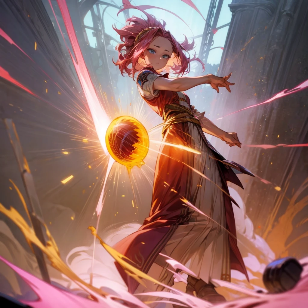 1girl, Full body version, 1character, blue eyes, long Curly haircut, pink colour hair, ancient roman style clothing, red colour clothing, Grassroots, background in field Castle, motion blur, (Hunter x Hunter style), aura effect, lighting aura, smoke effect, lighting sun, sun, plasma effect, smoke effect, fire, golden fireball,