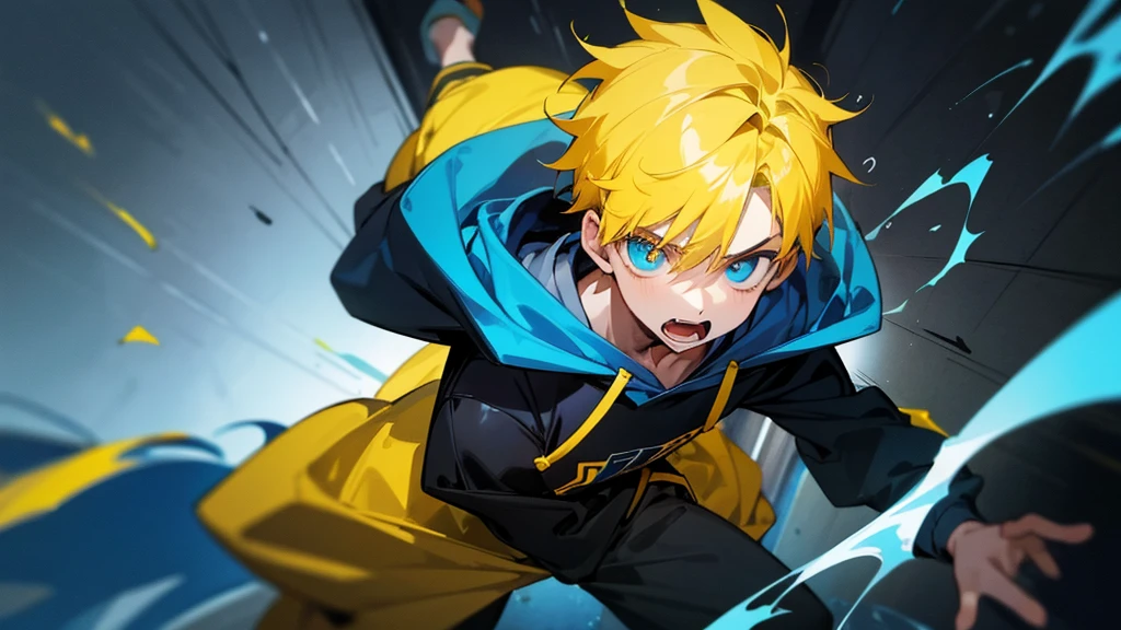 1 boy, black hair, 1 boy, blue hair, 1 boy, yellow hair, wearing a hoodie, scared, chased by ghosts, high quality, 8k