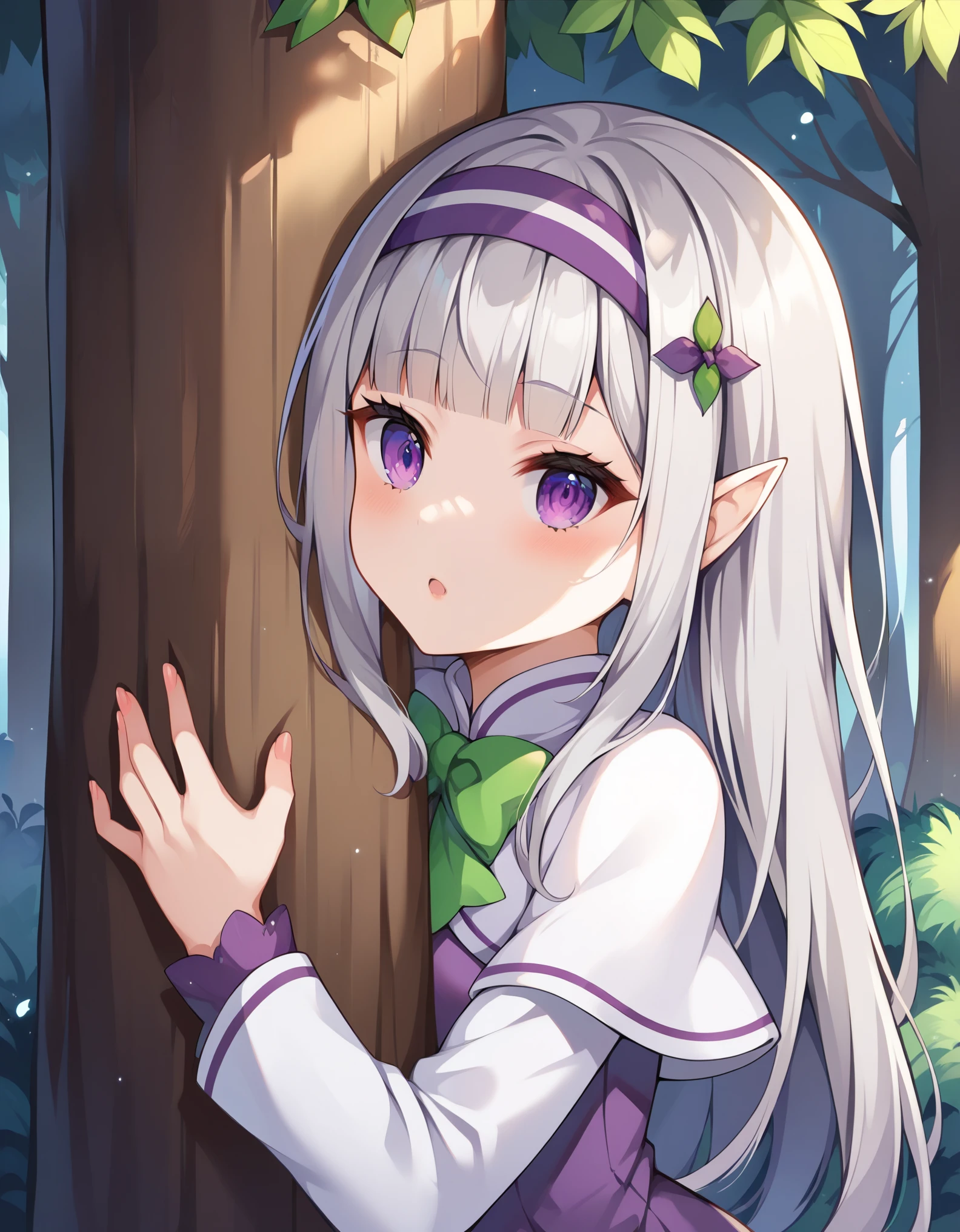 1girl, forest, peeking out upper body, behind tree,
purple eyes, hairband, long hair, grey hair, pointy ears, blunt bangs, white capelet, purple dress, green bow, long sleeves, score_9, score_8_up, score_7_up, source_anime, 